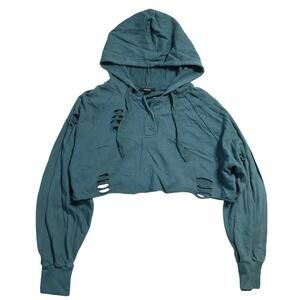 Forever 21 Women Hoodie M Teal Cropped Distressed Button Long Sleeve Relaxed